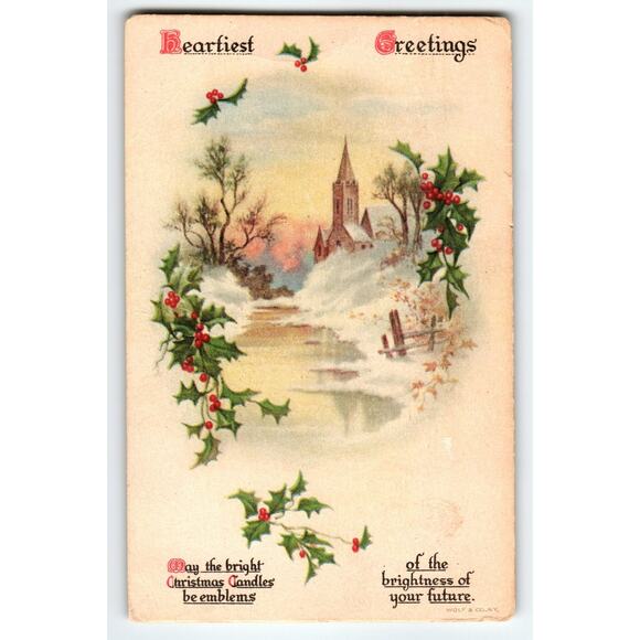 Vintage 1921 Christmas Postcard Winter Church Scene Holly Berries - Picture 1 of 2